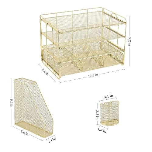 Gianotter Paper Letter Tray Organizer with File Holder, 4-Tier Desk Accessories & Workspace Organizer with Drawer and 2 Pen Holders - Gold thumbnail 3