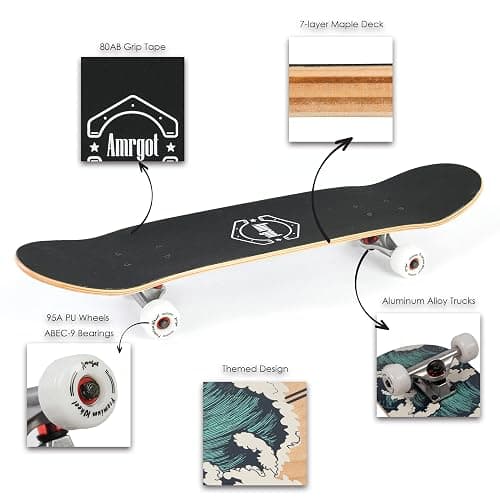 Amrgot Skateboards for Beginners,31 * 8 inches Complete Skateboards for Kids,Boys,Girls and Adults,7 Layer Maple Wood,Double Kick Deck Concave Standard and Tricks Skateboard thumbnail 3