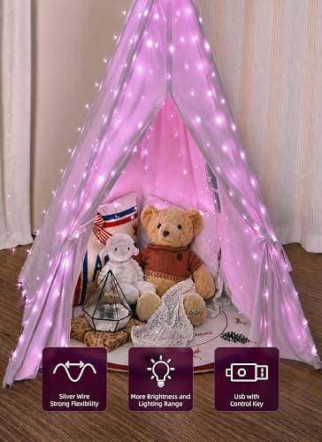 Brightown 300 LED Pink Fairy Curtain Lights, 9.8ft x 9.8ft String Lights | USB Plug in 8 Lighting Modes Christmas String Hanging Lights with Remote for Bedroom Indoor Outdoor Xmas Valentine's Day thumbnail 3