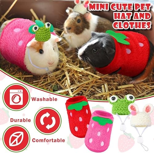 Mixweer 4 Pieces Guinea Pig Stuff Includes 2 Guinea Pig Clothes and 2 Cute Mini Hats with Adjustable Strap Small Animal Warm Vest Cozy Hand Knitted Hat for Hamster Bunny(Frog Style) thumbnail 4