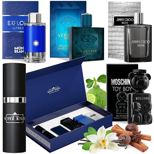Scentown Mens Cologne Gift Sets Mini Bottle – Designer Mens Cologne Sampler Sets with Empty Refillable Atomizer – Box Includes Versace, Moschino, Mont Blanc, Jimmy Choo Travel Size (0.17 Oz Each) - Image 1