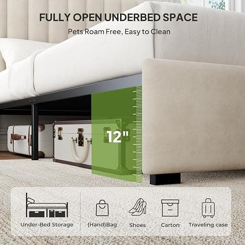 Welzona Full Upholstered Bed Frame with Headboard, Velvet Upholstered Metal Platform Bed with Vertical Channel Tufted Headboard, 3-Level Height, Metal Slat Support, Noise-Free Easy Assembly, White thumbnail 4