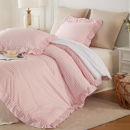 Gingham Ruffle Comforter Set Queen - 3 Piece Pink Checkered Bedding Set - Aesthetic Cottagecore Ruffled Farmhouse Comforter with 2 Pillow Shams - Soft, Lightweight All Season Bedding (90"x90") thumbnail 5