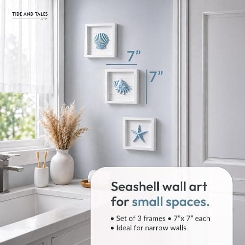 Tide and Tales 3D Coastal Wall Art, Beach Wall Decor, Framed Set of 4, Blue | 7" x 7", Textured 3d Seashells, Wall Decoration for Bathroom, Bedroom or Beach House, Lightweight, Hand Painted, Gift Boxed thumbnail 3