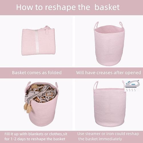 XUANGUO Cotton Rope Laundry Basket Hamper for Clothes Woven Storage Basket for Living Room Bedroom Boho Tall Rope Baskets for Blanket Toys Pillow Towels Baby Nursery Hamper Bin Large light pink thumbnail 7