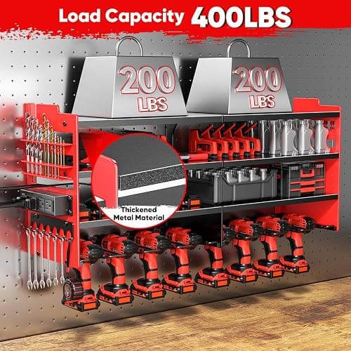 POKIPO Large Power Tool Organizer Wall Mount with Charging Station,4 Layer Heavy Duty Metal Tool Storage Shelf Loads 600lbs,Battery Utility Rack With 4 Outlet Power Strip with 8 Cordless Drill Holder thumbnail 4