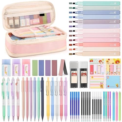 DazSirit 62 PCS Aesthetic Stationery Set with Foldable Pencil Case, 12 Pastel Highlighters, 4 Erasable Pens, 5 Gel Pens, 6 Mechanical Pencils, Sticky Notes – School Supplies for Girls & Teens (Pink) - Image 1