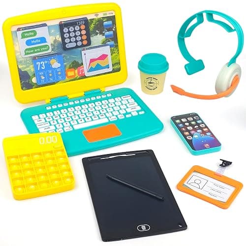 BLOONSY Pretend Play Home Office Set for Kids Ages 3-5-7 | Features Toy Laptop Computer, LCD Writing Tablet, Pop Fidget Calculator, Cell Phone, Headset & Toddlers Beverage Cup - Image 1