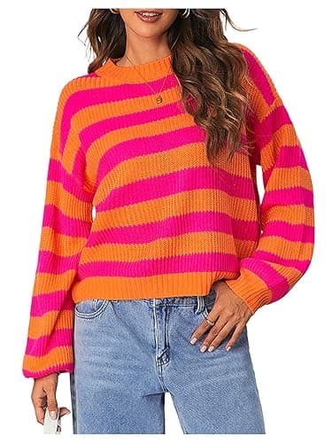SOLY HUX Women's Color Block Striped Knit Tops Casual Long Sleeve Drop Shoulder Sweater Pullovers