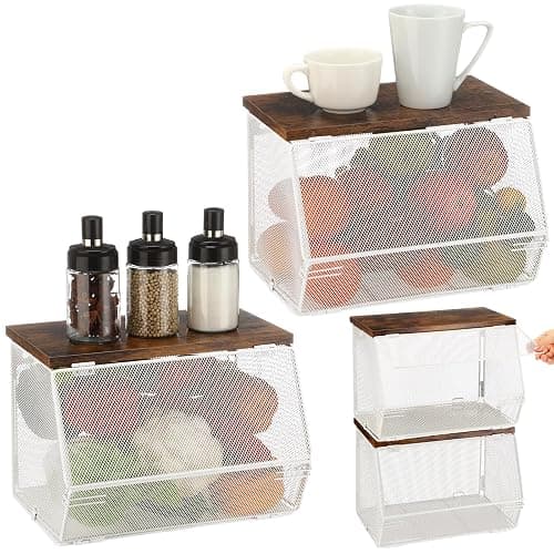 Teenyyou 2 Pcs Stackable Mesh Fruit Basket with Lid Wall Produce Vegetable Storage Basket Onion Potato Snack Hanging Metal Wire Container for Kitchen Counter Pantry(Non-removable,White,7.1"w & 11.8"l) - Image 1