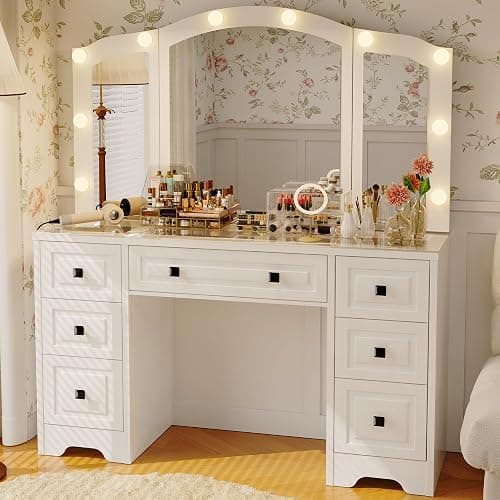 senlin Makeup Vanity with 3-Way Mirror, Retro Dressing Table with Lights, 7-Drawer Vanity Desk for Women & Girls, Vintage Vanity with Glass Top for Bedroom, Light White thumbnail 4