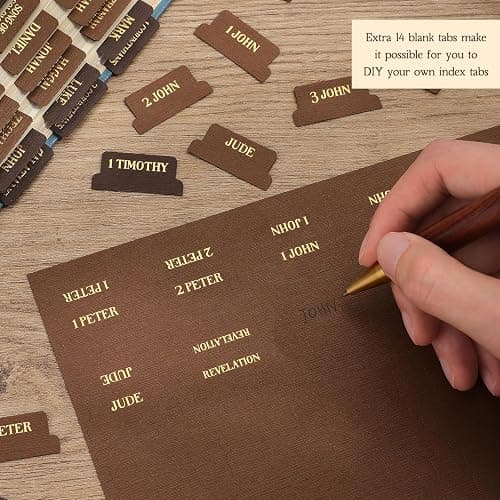 Woodgrain Texture Bible Tabs, 80 Pcs Chestnut Brown Gold Foil Index Tabs with Ruler - 66 Books Chapters & 14 Blank DIY Stickers, Bible Study Journaling Supplies, Nature-Inspired Gift Set for Men Women thumbnail 9