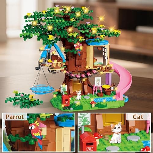 Treehouse Building Set Compatible with Friends, 731PCS Girls Forest Tree House Building Kit Toys with LED Light, Cat, Slide and Sky Hammock, Christmas Birthday Gifts for Kids Girls 6-12 Years Old thumbnail 4