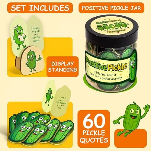 Positive Pickle Jar, 60 Affirmation Cards, Teacher Back to School Gifts | motivational cards, wooden stand, desk decor, inspirational gift for teen girls, friends, coworkers thumbnail 2