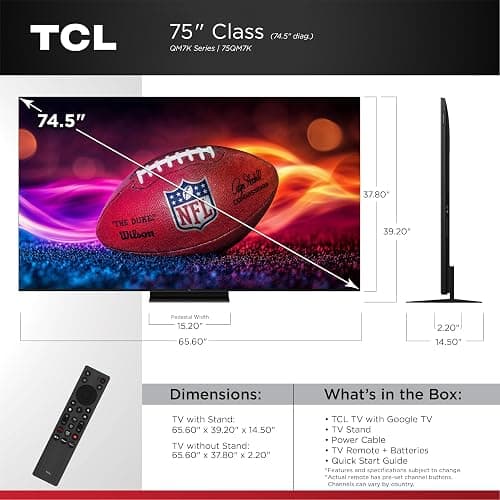 TCL 75 Inch Class QM7K Series | Mini LED QLED 4K HDR | 75QM7K, 2025 Model | 120HZ-144HZ Anti Reflective Screen Smart Google TV Dolby Atmos Onkyo Audio | Voice Remote Alexa Gaming Streaming Television thumbnail 2