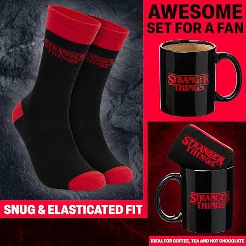 Get Trend Stranger Things 11oz Mug and Socks Set, Novelty Valentines Day Gifts for Men, Women, Teens, Crew Socks with Ceramic Coffee Mug Microwave Safe (Red/Black Stranger Things) thumbnail 5