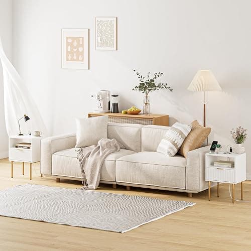 Masupu Nightstand with Charging Station,Mid-Century Modern Bedside Table with Storage Drawer and Open Wood Shelf,Small Gold Frame Side Table for Bedroom,Living Room (White) - White Stripe - 1 Drawer thumbnail 8