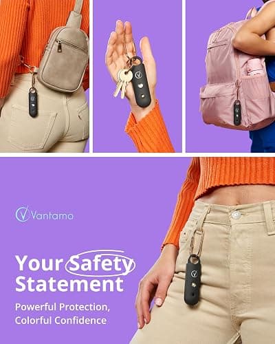 Vantamo Personal Alarm for Self Defense with Low Battery Notice, Strobe Light & Extra Loud 130 dB Double Speakers Safety Keychain Set for Women, Rechargeable Panic Button for Womens Self Defense - Charcoal thumbnail 2