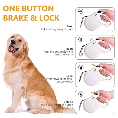 Fida Retractable Dog Leash for Small Breed up to 26 lbs, 16 ft Pet Walking Leash with Dispenser and Poop Bags, Anti-Slip Handle, Reflective Strong Nylon Tape, One-Handed Brake (S, White & Pink) thumbnail 4