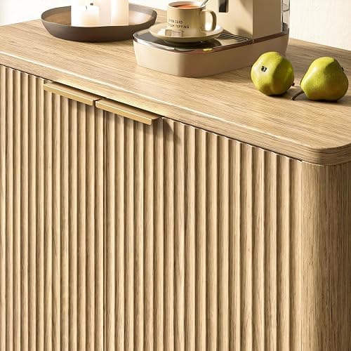Evermagin 31.5" Oak Buffet Cabinet with Storage, Small Sideboard Cabinet, Boho Accent Credenza, Fluted Console Table with Doors for Dining Room, Kitchen, and Living Room thumbnail 6