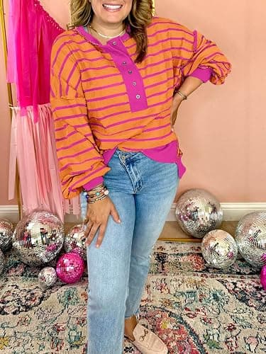 Tankaneo Womens Oversized Striped Sweatshirts Henley Shirts Color Block Casual Pullover Waffle Knit Tops thumbnail 7