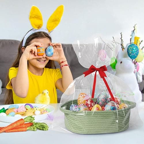 WILLITAT Basket for Gifts Empty, 13"x 9"x 5" Small Green Woven Rope Bin, Gift Basket Empty, Kids Dog Cat Toy Bin Box, Cute Baby Nursery Organizer, Decorative Storage with Handles, Green Room Decor thumbnail 2