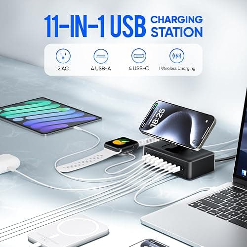 300W USB Charging Station, 11-in-1 USB C Power Strip Surge Protector, 2AC Outlets & 8USB Ports, 5ft Flat Plug Extension Cord with Multiple Devices, Desktop Charger for Home Office Desk Accessories thumbnail 2