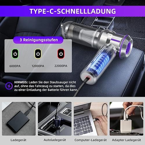 Handstaubsauger, 22000Pa 4-in-1 Handstaubsauger Akku Kabellos mit 1-Knopf-Selbstentleerung, Bürstenloser Motor Mini Staubsauger, 3 Stufen Saugstärke, Auto Staubsauger für Haus/Auto/Tierhaar, Silber thumbnail 5