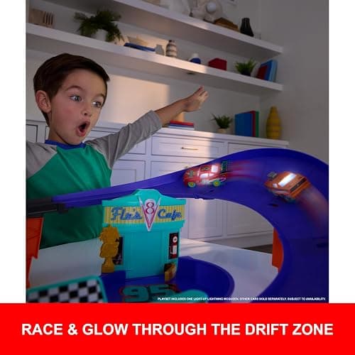 ​Mattel Disney and Pixar Cars Race to Celebrate Celebration Raceway | Toy Track Set with Light-Up Lightning McQueen, Loop & Wind-Up Kicker thumbnail 2