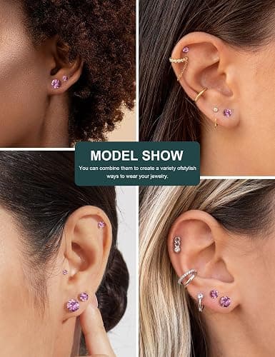 6 Pairs Stud Earrings Set, Hypoallergenic Cubic Zirconia 316L Earrings Stainless Steel CZ Earrings 3-8mm (Steel color) thumbnail 2