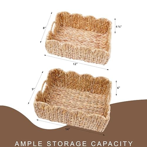 LUSYDECO Set of 2 Scalloped Edge Wicker Storage Basket with Built-in Handles, Rectangle Water Hyacinth Basket for Organizing, Decorative Woven Rattan Basket for Shelf, Nursery Room thumbnail 3