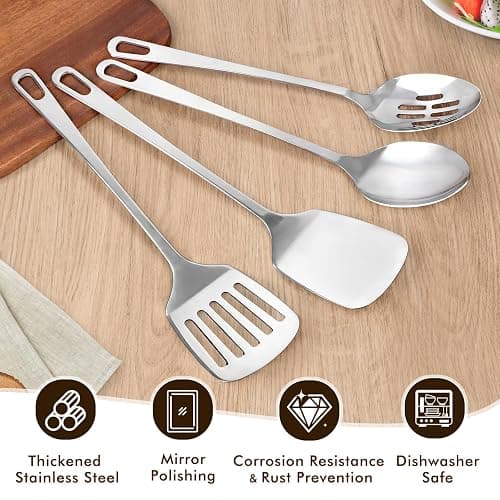 4 Pcs Cooking Utensils Set, Stainless Steel Kitchen Utensils, Heat Resistant Metal Kitchen Tools Include Solid & Slotted Turner Wok Spatula, Serving Spoon, Ergonomic Handle, Easy to Clean, Silver thumbnail 4