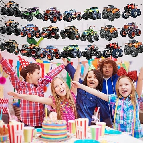 Monster Truck Happy Birthday Banner Truck Car Birthday Decorations Racing Theme Party Decorations Party Decoration Supplies Suitable for Boys Girls Baby Children Decoration thumbnail 3