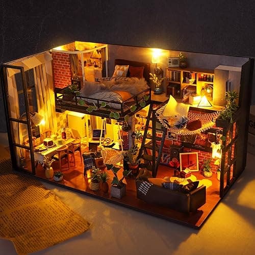 Foyucool DIY Miniature House Kit, Dollhouse Kit with Furnitures, 1:24 Mini House Making Kit for for Adult to Building, Father's Day/Home Decorations/Gifts for Family and Friends, Loft - Loft thumbnail 2