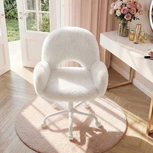 Homkdom Vanity Chair with Round Hollow Back & Arms,Height Adjustable | Faux Rabbit Fur, Swivel Cute Makeup Chair, Padded Seat, for Bedroom Dorm, Rolling Casters,White thumbnail 6