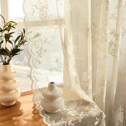 SEEKRIGHT Beige Lace Curtains 84 Inches Long Victorian Floral Sheer Curtains for Living Room Bedroom Decor Drapes Rod Pocket Light Filtering French Window Curtains 2 Panels Set for Dining Room, 52x84 thumbnail 3