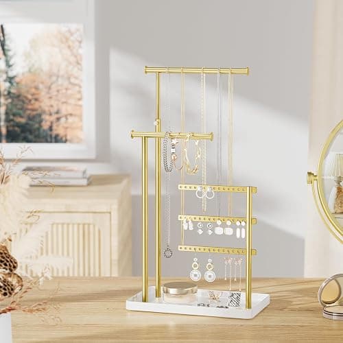 susswiff Jewelry Holder Organizer Stand - Adjustable Tall 17.5" (Max), Sturdy Jewelry Hanger for Necklaces, Earrings, Bracelets, Rings, Jewlery Display and Storage, Gold and White, Metal thumbnail 5