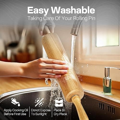 Wooden Rolling Pin 17.6 Inch with Rotating Ergonomic Handles – Classic Beech Wood Dough Roller for Baking Pizza, Pastry, Bread, and Cookies thumbnail 4