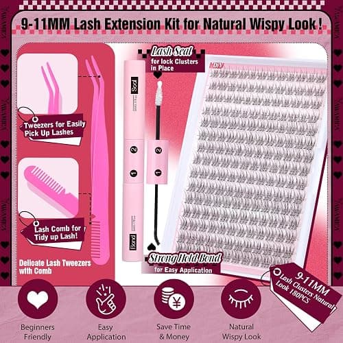 Natural Lash Extension Kit Wispy Eyelash Clusters 9-11mm Lash Cluster Kit with Lash Bond and Seal and Lash Applicator 180pcs Cluster Eyelash Extensions Kit for Beginners DIY at Home by Yawamcia thumbnail 2