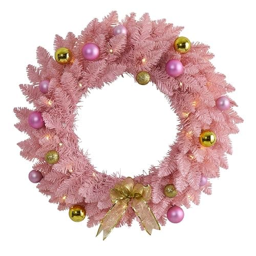 Nearly Natural 24in. Pink Artificial Christmas Wreath with 35 LED Lights and Ornaments - Image 1