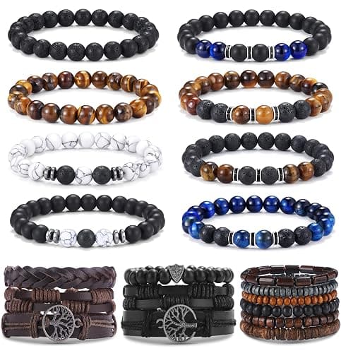 FIRAZIO Tiger Eye Bracelet For Men 8MM Natural Stone Stretch Adjustable Tree of life Leather Bracelets Mens Accessories Pulseras Para Hombres Crystal Beaded Bracelet for Men Women Gifts - Image 1