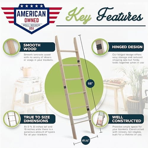 Blanket Ladder for Living Room and Bedroom, 5ft 8 inch, 6-Tier Wall Leaning Laminate No-Snag Construction (Smokey Oak) Rustic Decorative Farmhouse Blanket Storage, Quilt Rack, Ladder Shelf thumbnail 3