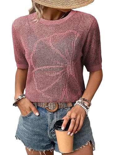 Dokotoo Womens Summer Short Sleeve Crochet Tops Hollow Out Floral Sweaters Beach Vacation Cruise Outfits - Image 1