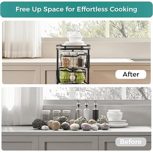 Ocyfym 4 Tier Kitchen Fruit Vegetable Storage Cart with One-Piece Rotating Basket, Pantry Organizer Shelf Rack Floor Stand for Veggie Onion Potato Produce Spice, Rolling Snack Cart on Wheels, Black thumbnail 7