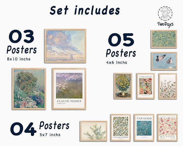 TwoDays Vintage Eclectic Wall Art Prints, Colorful Maximalist Room Decor Aesthetic, Famous Artist Painting Gallery Artwork Posters for Dorm. (Multi Sizes, 8" X 10" Largest, Set of 12, UNFRAMED) thumbnail 2