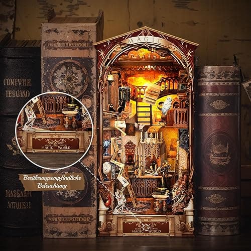 BuzzoXerex DIY Book Nook, Fermalibri in Legno 3D con Copertura Antipolvere, DIY Miniature Kit con Luce LED Manuale per Arredare le Librerie e fare Regali Creativi (Mondo Magico) thumbnail 5