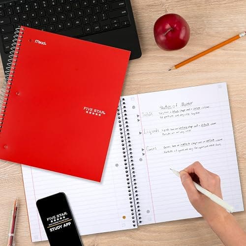 Five Star Spiral Notebook + Study App, 3 Subject, Wide Ruled Paper, 10-1/2" x 8", 150 Sheets, Red (72029) thumbnail 8