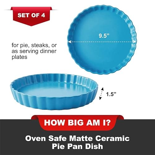 Bruntmor Ceramic Pie Pans Set of 4, Baking Dishes/Quiche Dish/Apple Pie/Tart. Oven Safe Nonstick Porcelain Round Baking Plate/Pot/Tart Pan. 10"/ Blue thumbnail 5