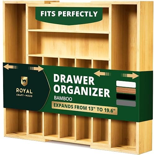 ROYAL CRAFT WOOD Luxury Bamboo Kitchen Drawer Organizer - Silverware Organizer, Utensil Holder & Cutlery Tray Drawer Dividers for Flatware (9 Slot, Natural) - Image 1
