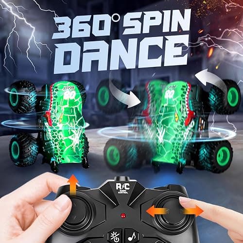 BEZGAR Monster Truck Toys，1:20 Remote Control Car with Light & Music | Green Dinosaur Toys for Kids,RC Truck with 360° Spins and Drifting, Toy Car Gifts for Boys, Battery Life of 20 Minutes thumbnail 4
